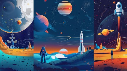 three cartoon illustrations of outer space.