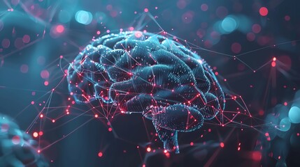Poster - A digital rendering of a brain with glowing red lines and points, suggesting the concept of neural networks and connectivity.