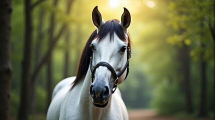 Outdoor portrait of a horse in a forest