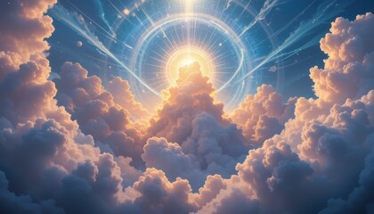 Wall Mural - Celestial Sunrise Through Cloudscape With Futuristic Portal