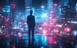 © SUKHUM - Man gazing at cityscape, digital wireframe overlays, arrows pointing direction, glowing futuristic lines, neon lights, highdefinition imagery