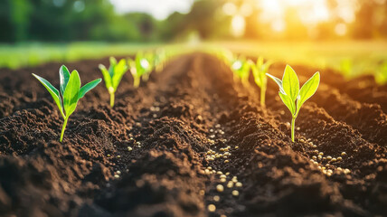 Wall Mural - Harvesting organic yields efficiently Concept. Freshly tilled soil with young plants growing in rows