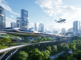 Poster - Futuristic transportation hub showcasing sleek trains and flying vehicles in a high-tech cityscape