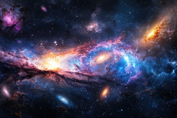 Poster - Galaxies merging and interacting distant galaxy cluster cosmic view outer space panoramic perspective