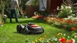 © LuvTK - A serene garden scene with a man trimming an overgrown lawn using a cordless electric mower, the freshly cut grass showing sharp precision,