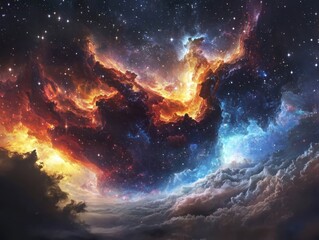 Aufkleber - Celestial explosion nebula vista cosmic landscape digital art ethereal environment wide-angle perspective vibrant color display