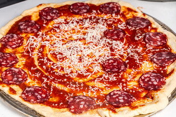 Wall Mural - Homemade freshly baked pepperoni pizza on a white background. Close-up, chosen focus.