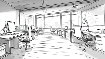 Poster - Modern Office Space Design Sketch Showing City View