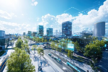 Poster - Transforming urban life interactive smart technology and autonomous vehicles in a futuristic city landscape