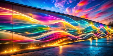 Poster - A Stunning Double Exposure of Colorful Waves of Light Flowing Across a Wall, Creating a Dreamlike Atmosphere in Vibrant Hues and Textures for Captivating Visual Appeal