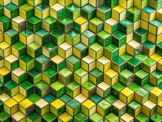 Poster - A Stunning Panoramic View of a Vibrant Cube Mosaic Featuring Bright Green and Yellow Tones, Perfect for Modern Art Lovers and Interior Design Inspiration