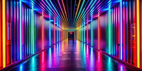 Poster - A Stunning Silhouette of a Long Corridor with Vibrant Neon Stripes Illuminating the Walls and Floor, Creating a Dreamlike Atmosphere for a Modern, Artistic Space