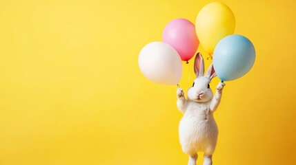 Canvas Print - A white rabbit stands up on its hind legs holding colorful balloons on a yellow background.