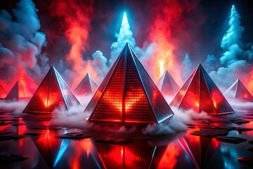 Poster - Abstract 3D Rendering of Glowing Red Pyramids in a Smoky Futuristic Setting, Capturing the Essence of Investment Banking and Modern Finance in a Visually Striking Composition