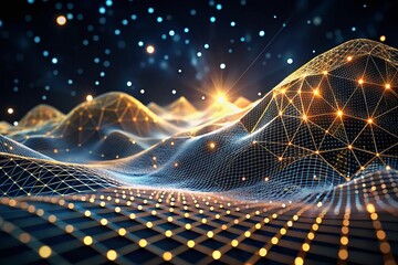 Poster - Abstract 3D Wave of Particles in Black Geometric Landscape Representing Big Data Visualization and Modern Technology with Dynamic Flow and Movement in a Futuristic Environment