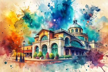 Poster - abstract artistic watercolor splash background with architectural elements for creative design and v