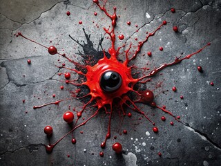 Poster - Abstract Black Splatter with Striking Red Dot on Textured Concrete Background for Artistic and Creative Design Inspiration in Modern Art and Graphic Projects