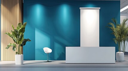 Poster - modern office reception area with teal wall and white reception desk