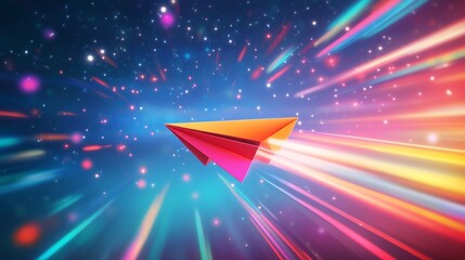 Poster - Colorful paper airplane soars through a starry background digital art vibrant atmosphere abstract perspective