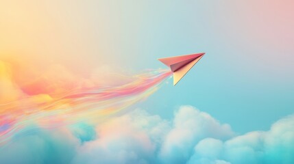Poster - Soaring paper airplane adventure dreamy cloudscape digital art vibrant colors upward perspective imagination unleashed