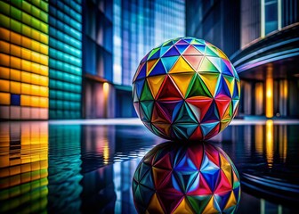 Poster - Abstract Colorful Betaball on Black Background - A Stunning Architectural Photography Exploration of Shape, Form, and Vivid Colors in a Minimalist Composition