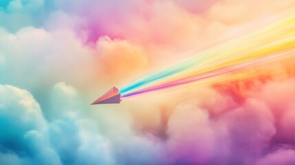 Poster - Colorful paper airplane gliding through vibrant clouds dreamy landscape digital art whimsical viewpoint imagination and freedom