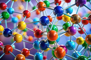 Poster - Abstract Colorful Molecule Model with Spheres and Thin Rods Demonstrating Connectivity and Complexity in Science and Chemistry, Ideal for Educational and Scientific Illustrations