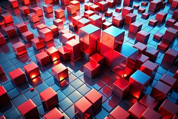 Poster - Abstract Composition of 3D Rendered Red Cubes on the Floor Captured Through Drone Photography, Showcasing Unique Perspectives and Geometric Shapes in a Modern Art Style