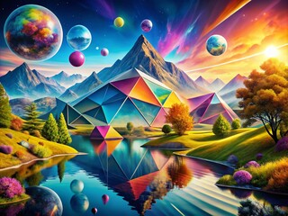 Poster - Abstract Digital Art Representing the Fusion of Technology and Creativity in a Vibrant, Colorful Landscape with Geometric Shapes and Fluid Forms