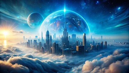 Poster - Abstract Futuristic Circuitboard City Sphere Planet in Blue God Rays and Fog with Bokeh Effect for a Dreamlike Digital Landscape