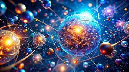 Poster - Abstract Glowing Atoms in a Dark Blue Space: A Stunning Visual Representation of Quantum Particles and Molecular Structures in a Cosmic Environment