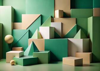 Poster - Abstract Green Beige Minimalist Art, Modern Geometric Shapes, High Depth of Field, Digital Painting, Minimalist Wall Art, Abstract Background