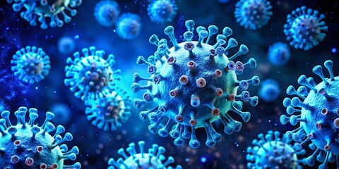 Poster - Abstract Low Light Photography of Blue Coronavirus Cells in a Dark Atmosphere, Capturing Intricate Details and Vibrant Colors for Scientific and Artistic Exploration