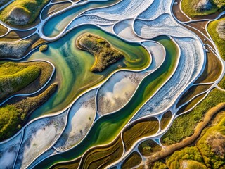 Poster - Abstract Minimalist Design Featuring Curvy Shapes and White Lines Captured from a Drone’s Perspective, Showcasing Unique Patterns and Textures in a Modern Aesthetic