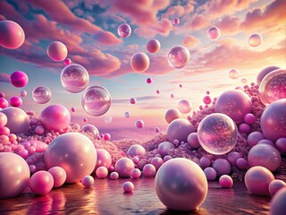 Poster - Abstract Pink Spheres and Bubbles: A Captivating Landscape of Cells and Molecules in Soft Focus, Perfect for Modern Art and Scientific Themes