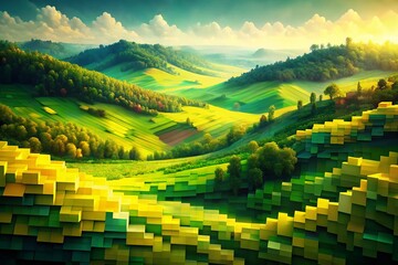 Poster - Abstract Pixel Art Landscape: Green Yellow Digital Nature Scene