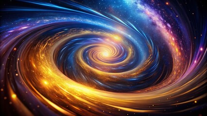 Poster - Abstract Spiral Galaxy Swirl in Blue, Purple, and Golden Hues with Slow Motion Movement Captured on the Right Side, Perfect for Cosmic and Space-Themed Projects