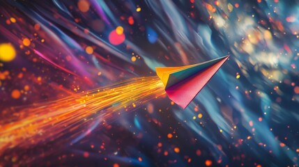 Poster - Dynamic paper airplane soaring through colorful cosmic background abstract art vibrant environment high-impact viewpoint