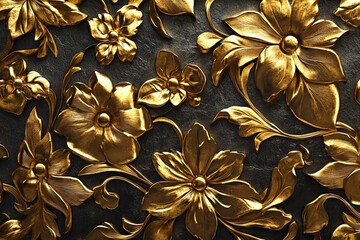Poster - Ornate floral gold engraving with intricate details and a dark background creating a luxurious texture