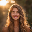 © 수동 김 - Portrait of a beautiful young woman with long hair, smiling at the camera. The sunset light casts sun rays on her face, with a blurred background. The style is bohemian.