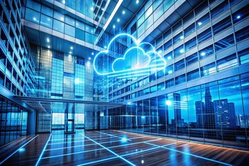 Poster - Advanced Cloud Technology: Digital Cloud with Data Elements in Blue and White, Representing Information Sharing in a Virtual Space for Architectural Photography