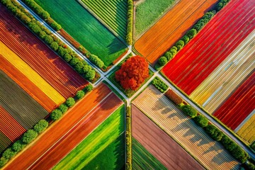 Poster - Aerial Abstract Geometric Art: Red, Orange, Green Stripe Photography