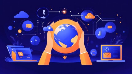 Poster - Hands holding globe surrounded by technology.