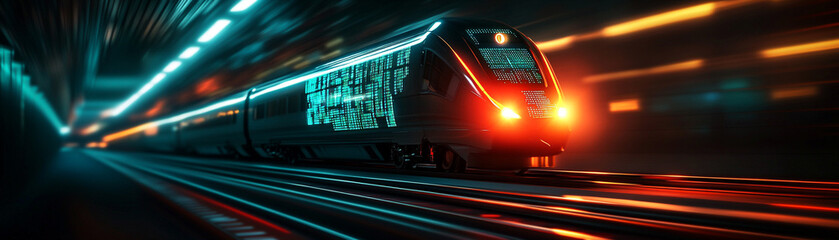 Speeding train in a futuristic tunnel with vibrant lights, showcasing motion and technology.