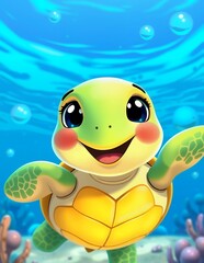 A cheerful sea turtle swims underwater, surrounded by bubbles. Its friendly expression evokes joy and happiness.