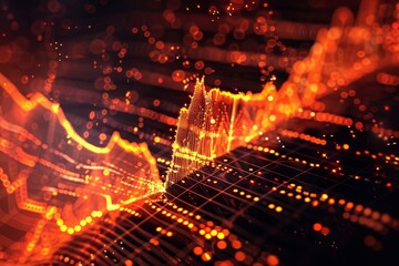 Poster - a digital rendering of a vibrant orange stock market graph with fluctuating lines on a black backgro