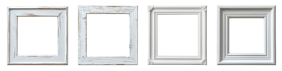 four white picture frames varying styles classic modern design transparent background