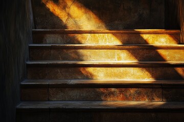 Poster - Warm golden light illuminating steps as shadows create depth in a quiet space during late afternoon