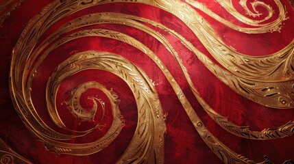 Poster - Ornate Red Background with Intricate Gold Swirls and Decorative Patterns for Elegant Design Projects and Artistic Creations