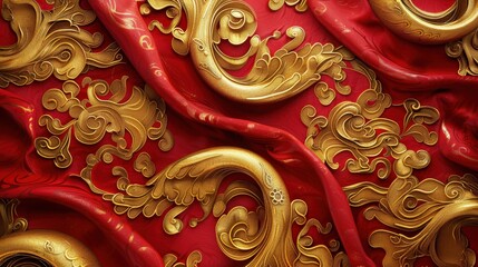 Poster - Ornate Gold Patterns on Vibrant Red Silk Fabric with Elegant Swirls and Rich Detailing Capturing Traditional Craftsmanship and Cultural Heritage